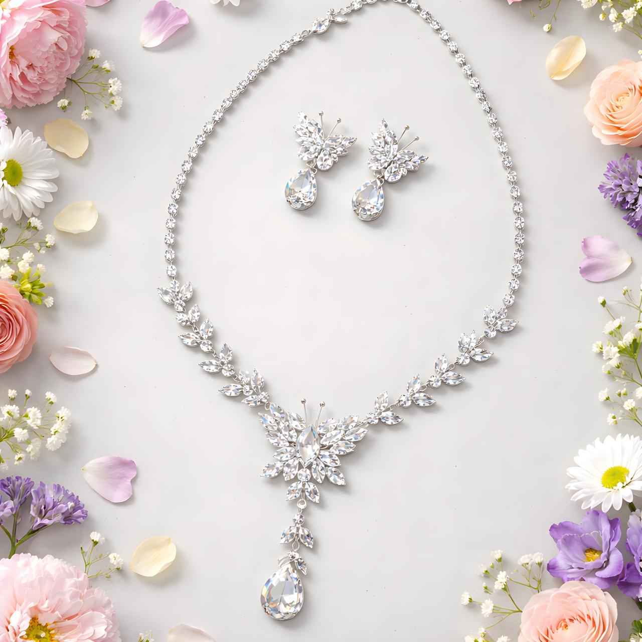 Crystal Bloom crystal necklace set, silver-tone floral design with teardrop pendant