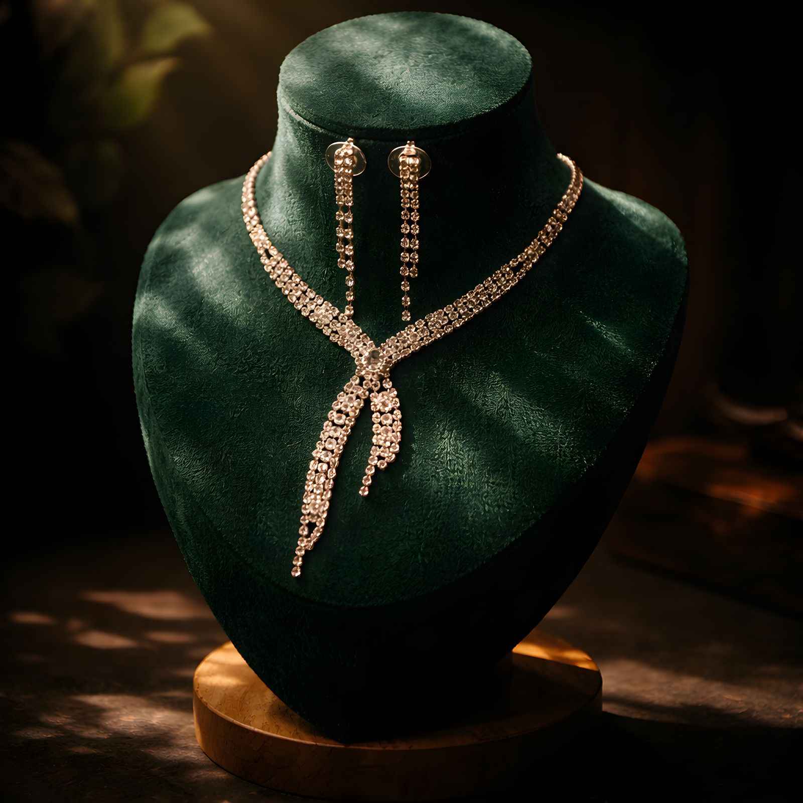 Gold-tone rhinestone X-cascade necklace with long dangling earrings