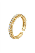Gold open cuff ring with crystal pavé and beaded border