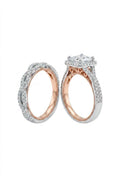 Three-piece wedding ring set with round-cut pavé and rose-gold inner band