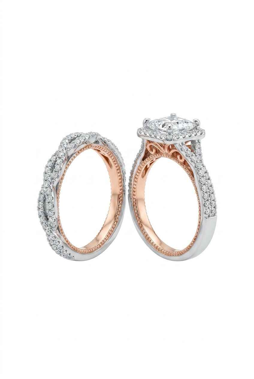 Three-piece wedding ring set with round-cut pavé and rose-gold inner band