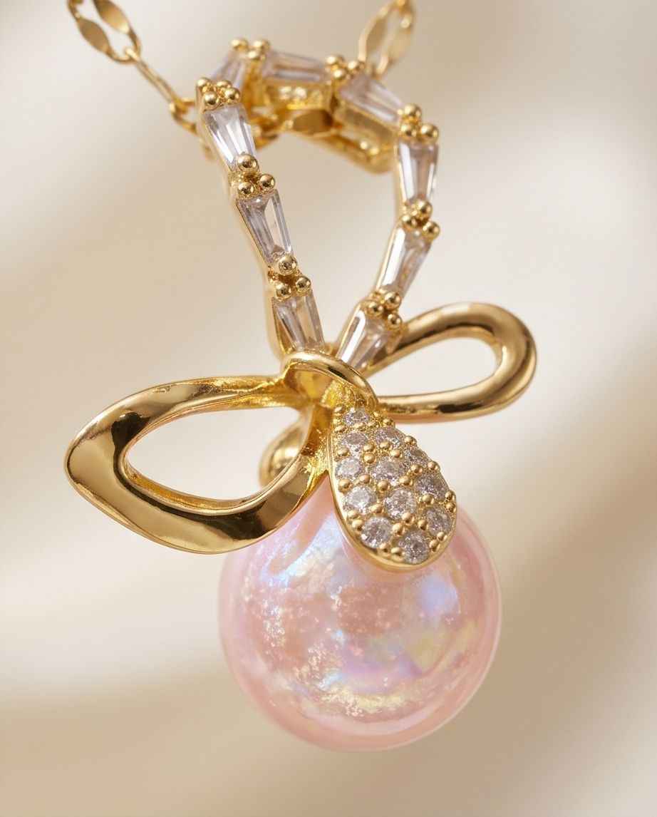 Close-up gold bow pendant necklace with pink pearl and clear gemstone accents
