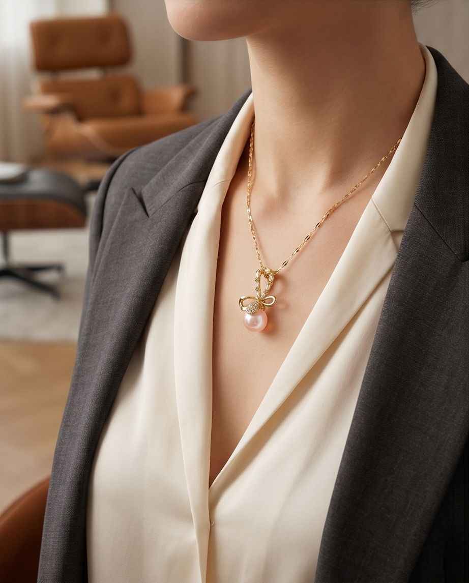 Gold chain necklace with bow pendant and pink pearl, worn with blazer