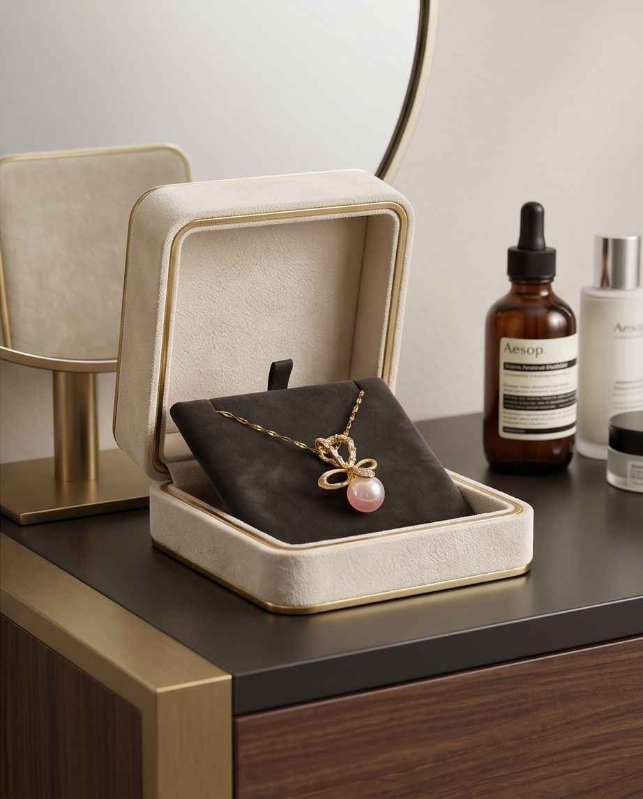 Gold bow pendant necklace with pink pearl drop, shown in a jewelry box