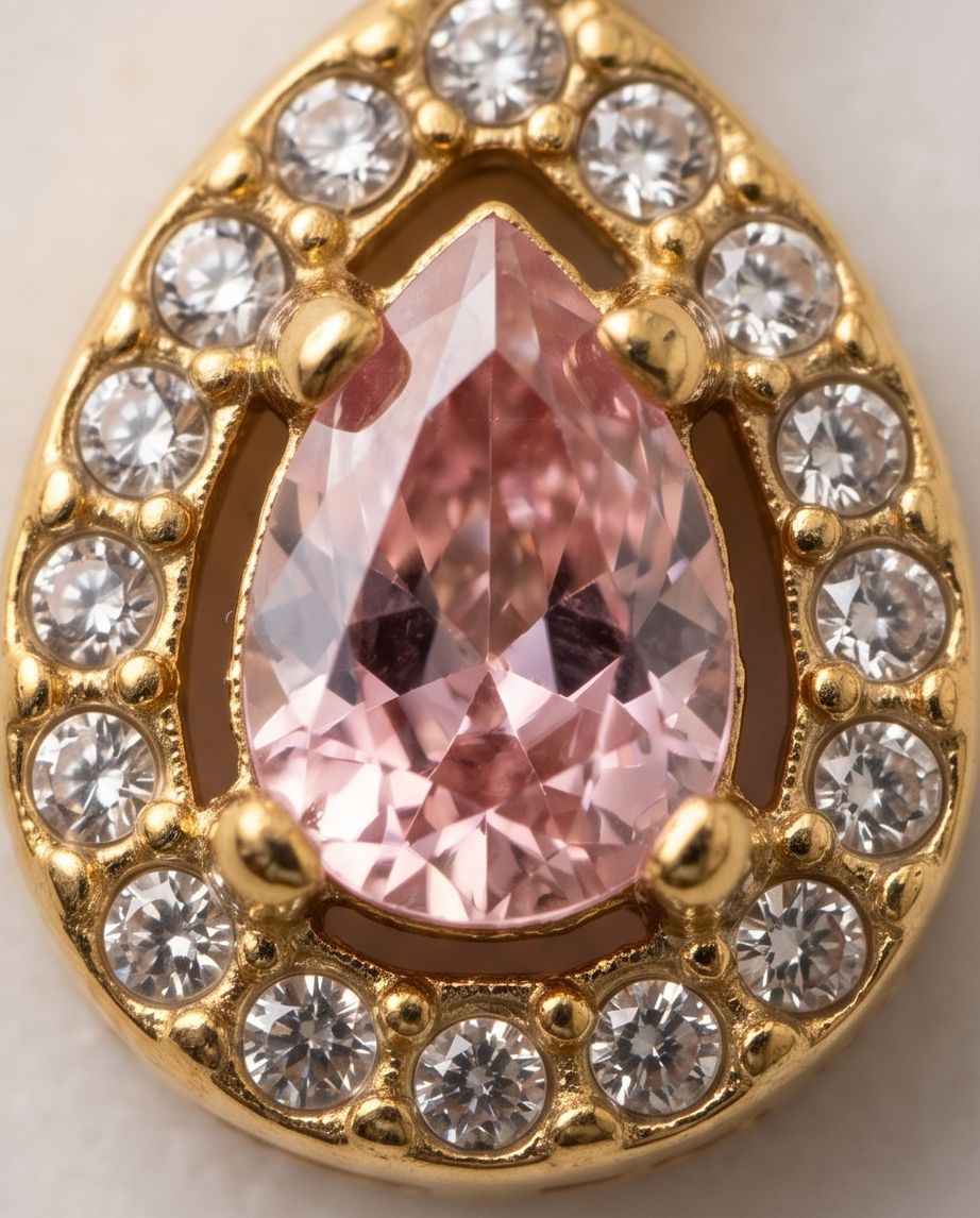 Gold teardrop halo pendant close-up with pink center stone and clear round stones