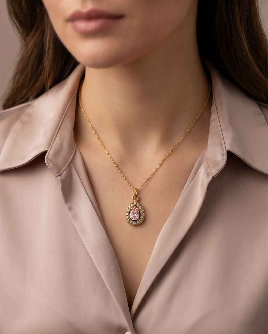 Gold teardrop halo pendant necklace worn on neck with pink center gemstone