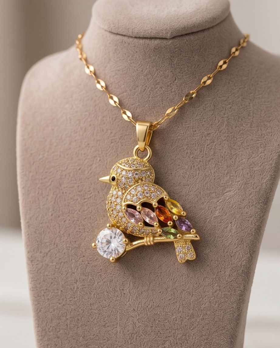 Gold-tone bird pendant necklace with round crystal accent and multicolor stones on chain