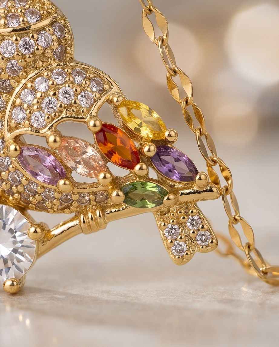 Gold-tone bird pendant close-up with multicolor stones and faceted crystal accents
