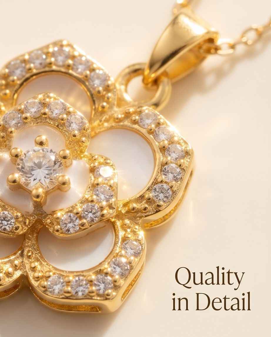 Gold floral pendant close-up with round diamond-like stones and bail