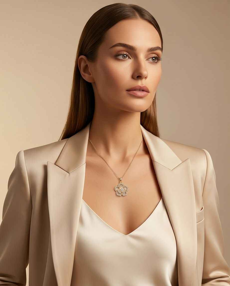 Gold floral pendant necklace with diamond halo clover-style center