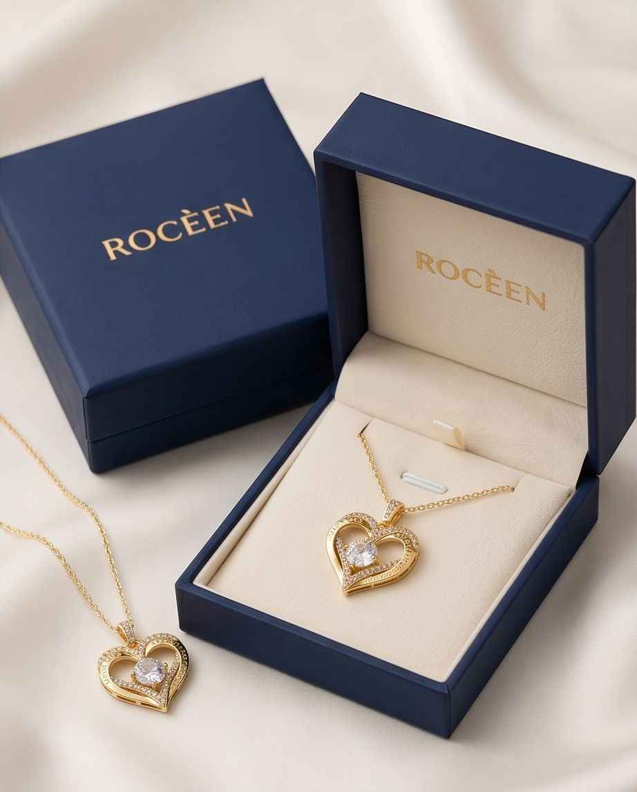 Gold heart pendant necklace with diamond-like stones, shown with gift box and chain