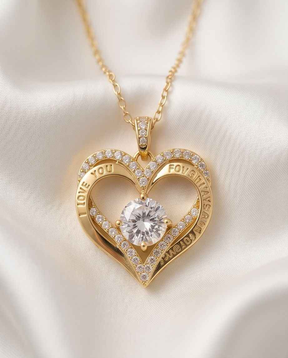 Gold heart pendant necklace with engraved message and central round crystal