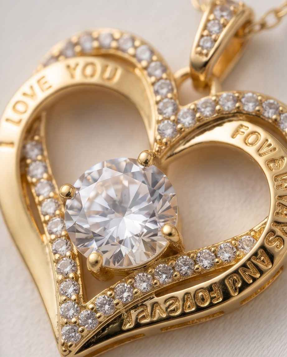 Close-up gold heart pendant with round crystal and pave diamonds