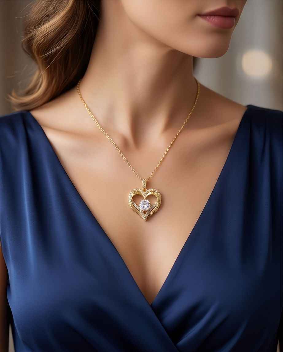 Gold heart pendant necklace with sparkle stones on a woman’s neckline