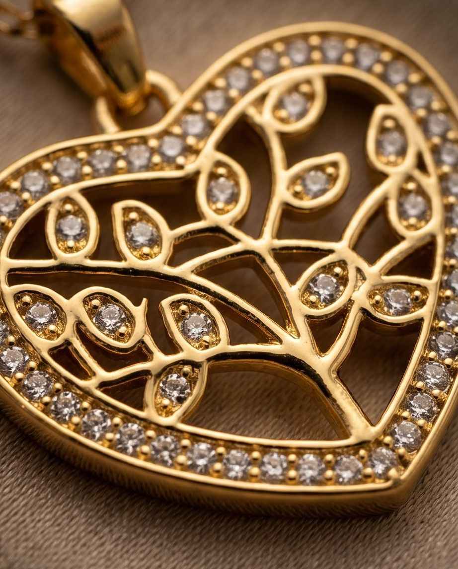 Gold heart pendant detail with tree-of-life filigree and round crystal stones