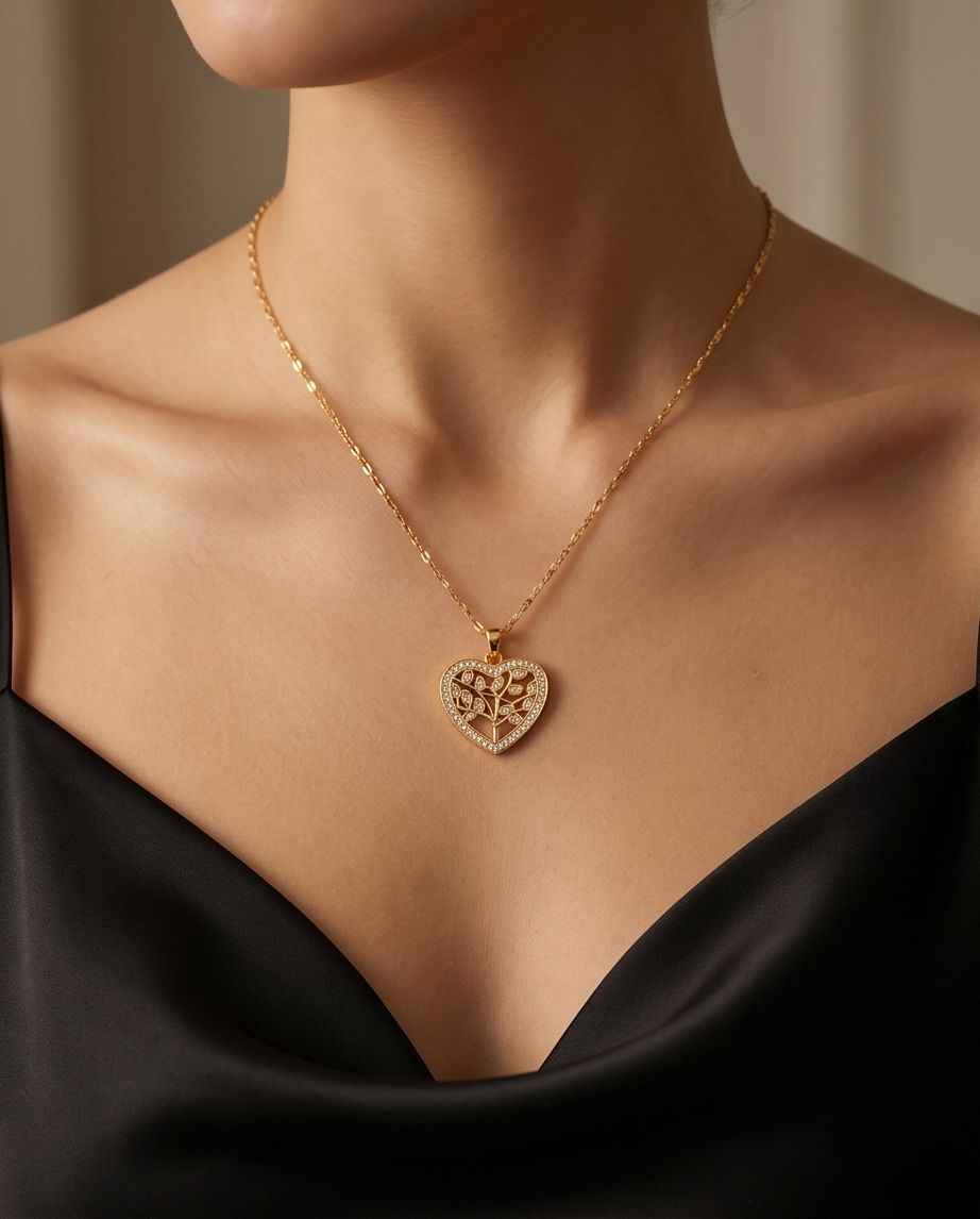 Gold heart pendant necklace on neckline; ornate tree-of-life motif with stones