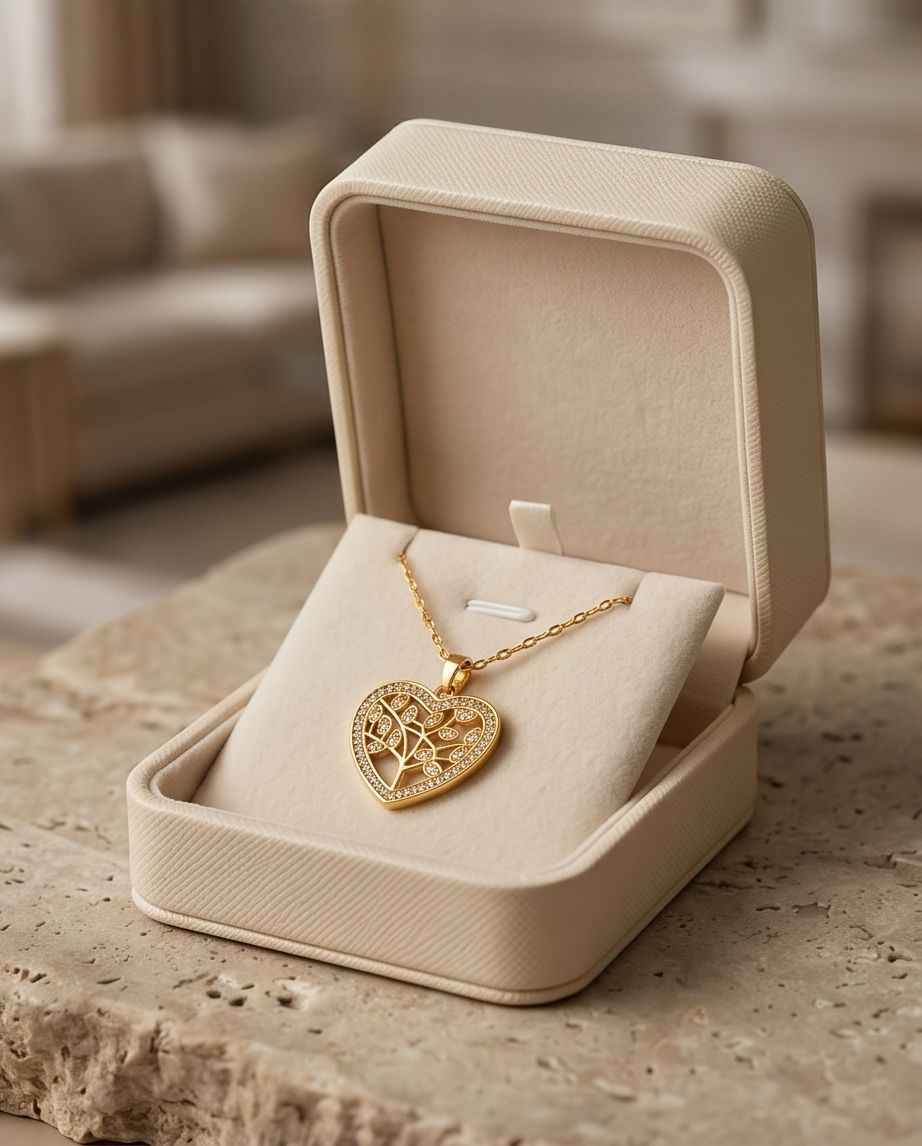Gold heart pendant necklace with tree-of-life design and sparkling accents