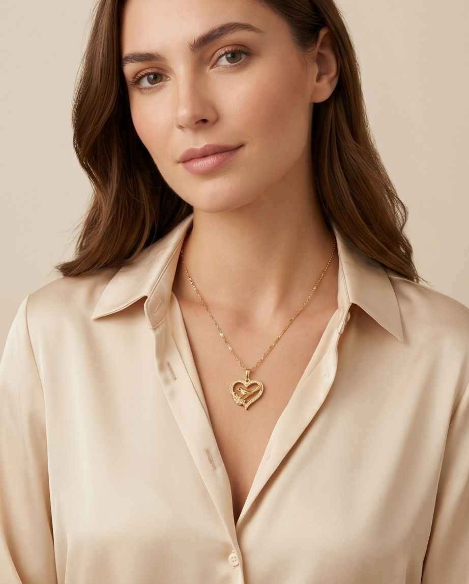 Gold heart bird motif pendant necklace on model, featuring a heart-shaped bird charm