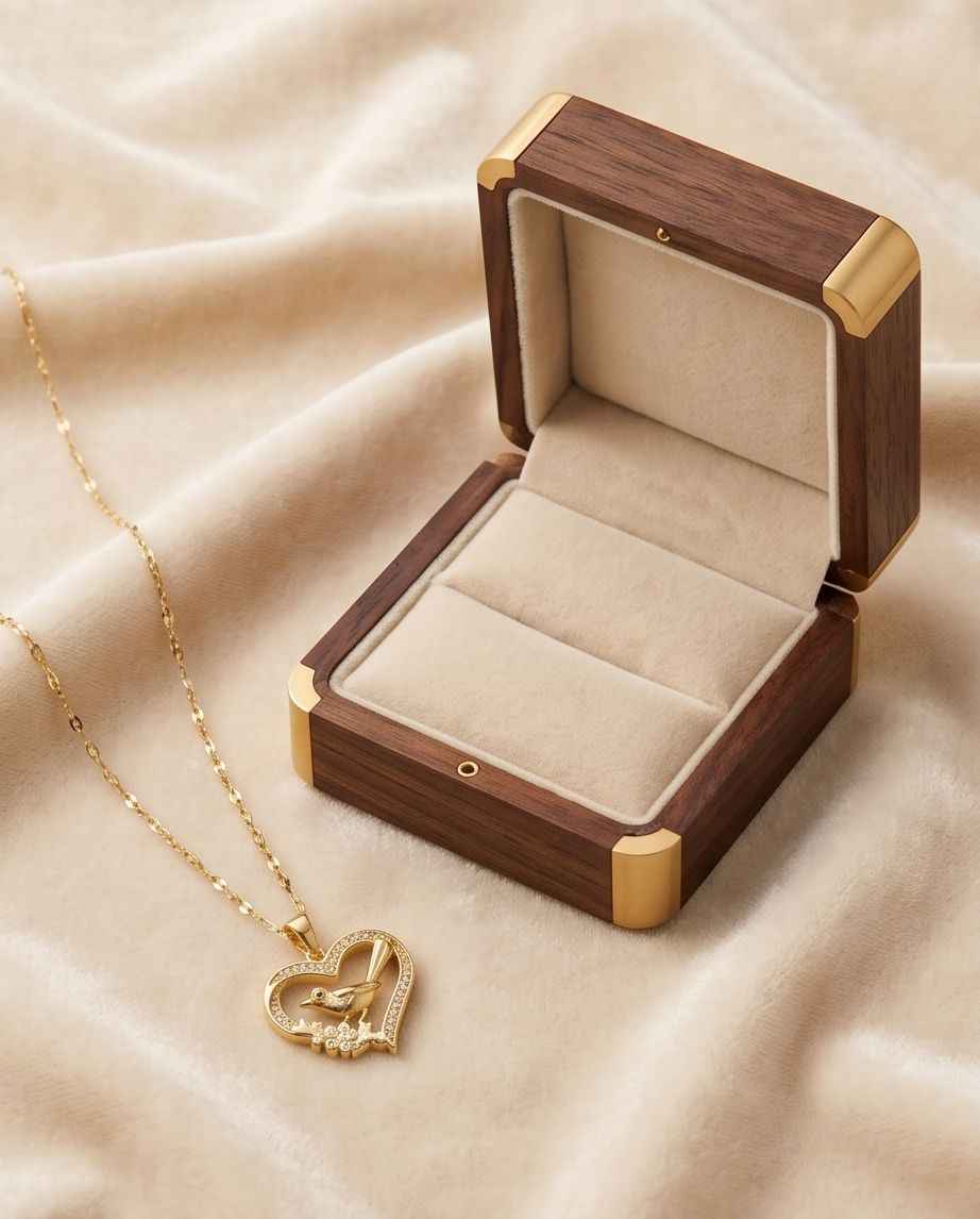 Gold heart bird motif pendant necklace with chain, shown in open wooden gift box