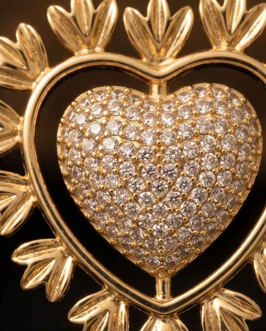 Close-up of a gold heart pavé pendant with sparkling stones and scalloped frame