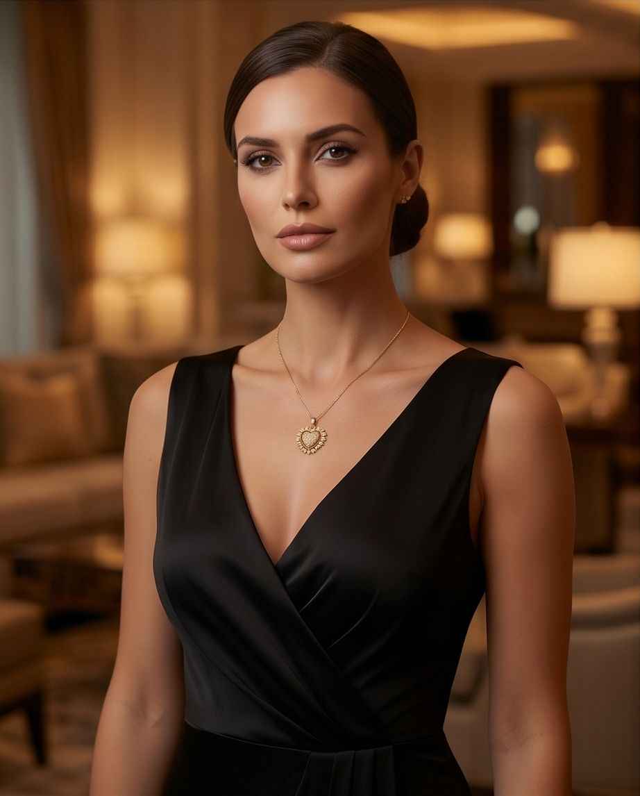 Gold heart pavé pendant necklace on a model, with a delicate chain at the collarbone