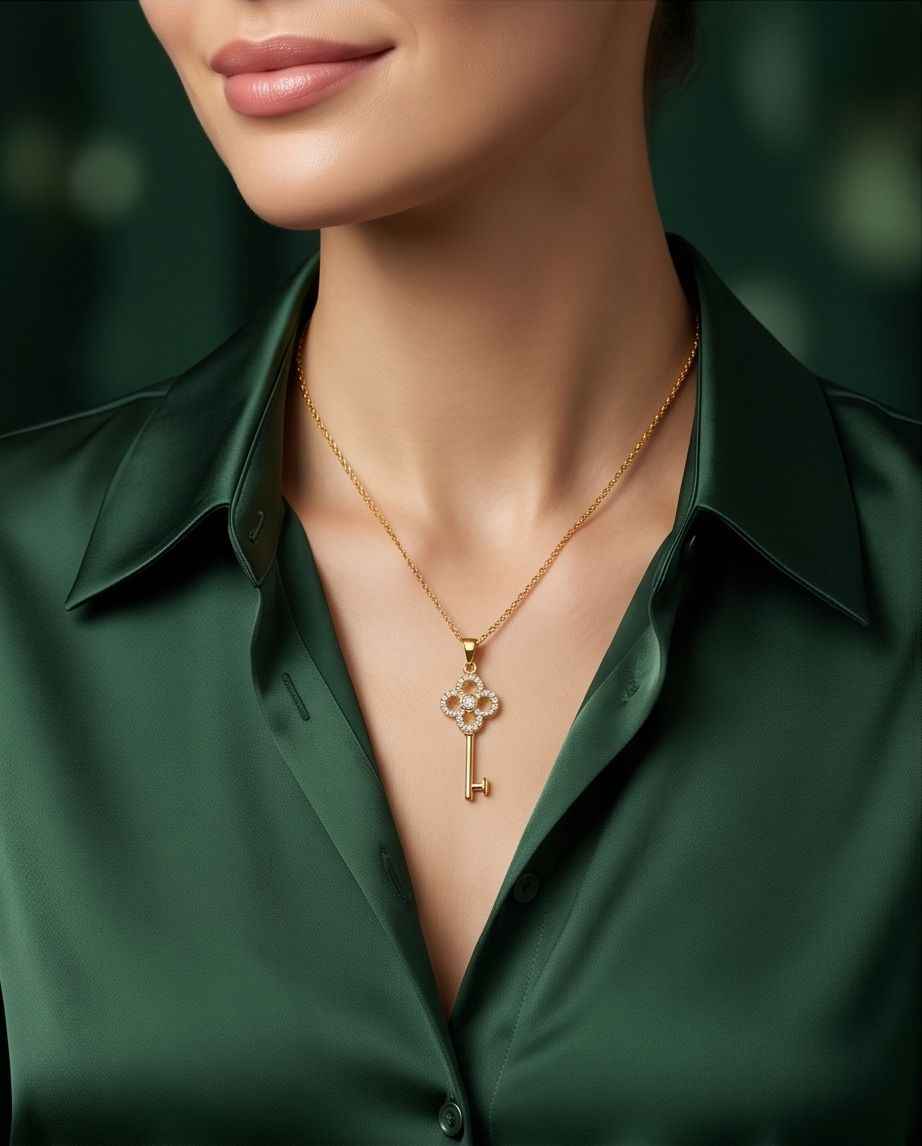 Gold key pendant necklace worn at the neckline on a model