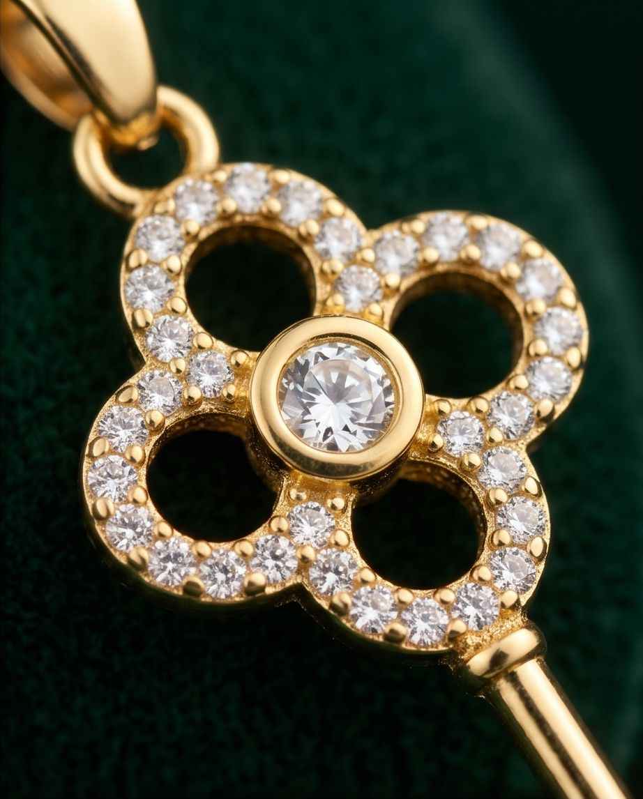 Gold key pendant with circular center stone and halo of clear round stones