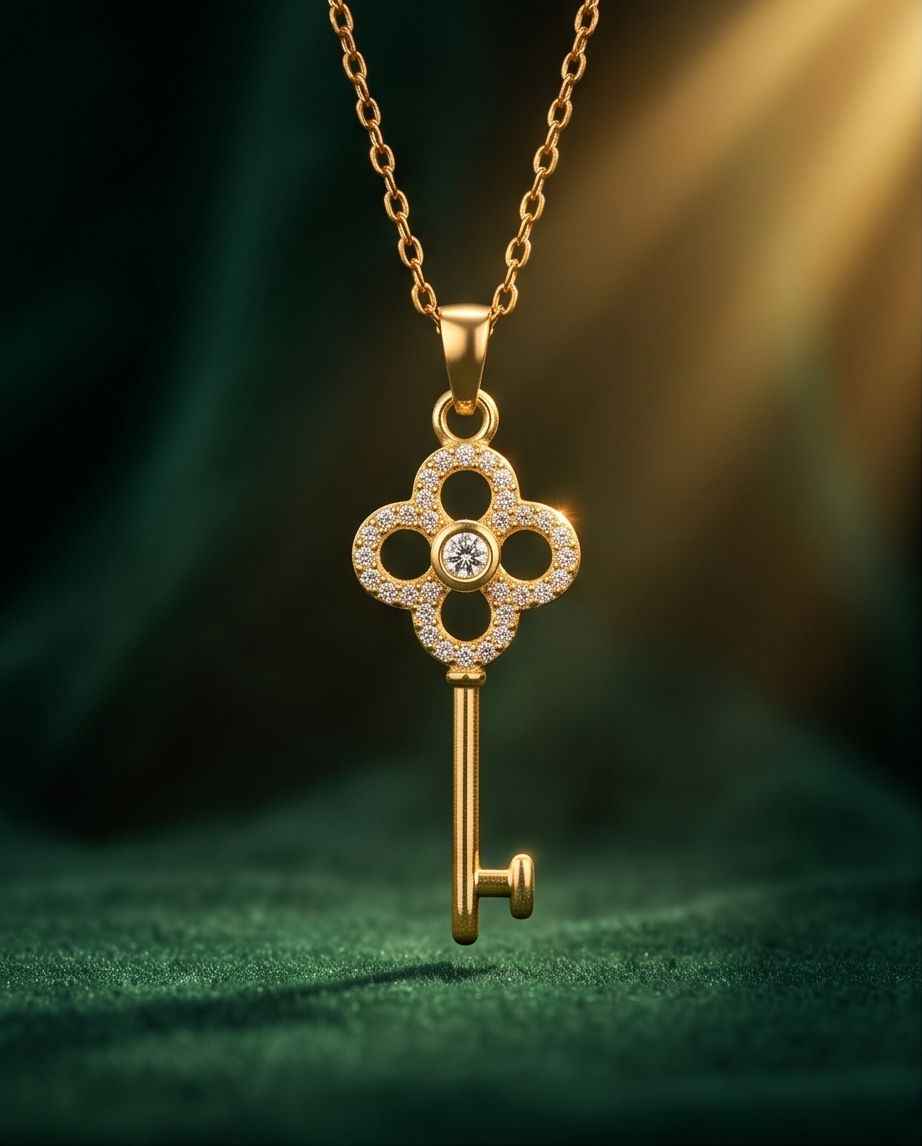 Gold key pendant necklace featuring a clover pendant with round clear stones