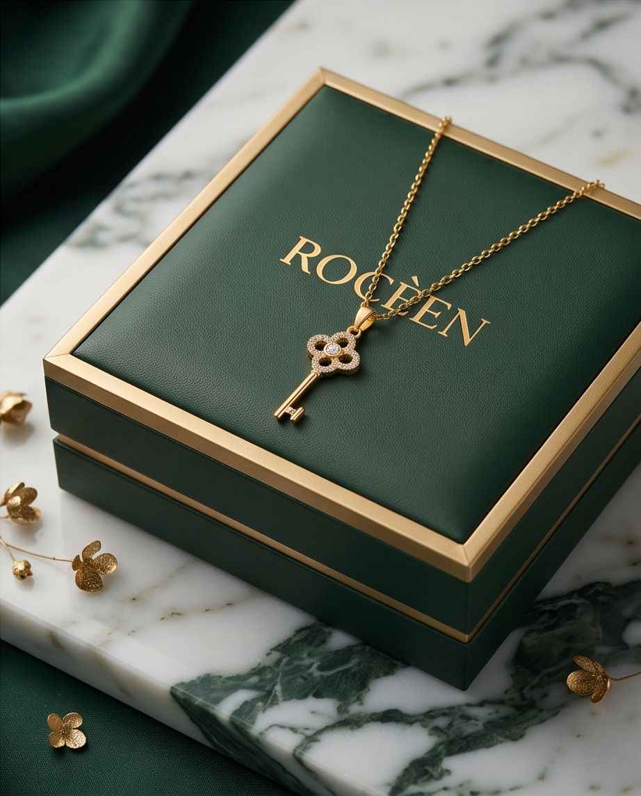 Gold key pendant necklace with clover design and round clear stones on chain