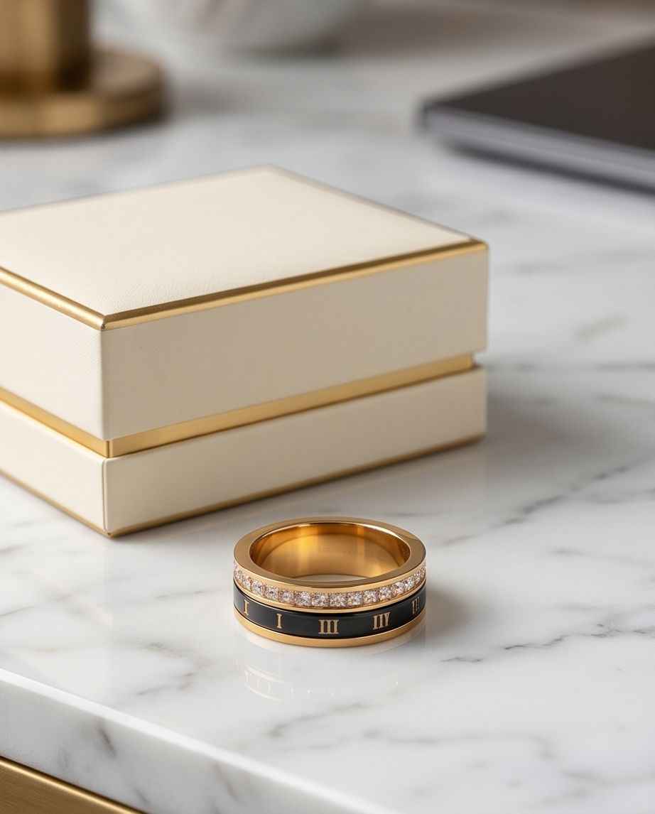 Gold-tone ring on marble with crystal halo and Roman numeral inlay