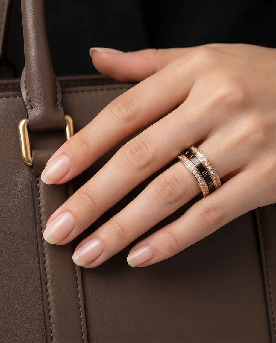 Gold-tone ring on finger with Roman numeral and crystal-studded bands