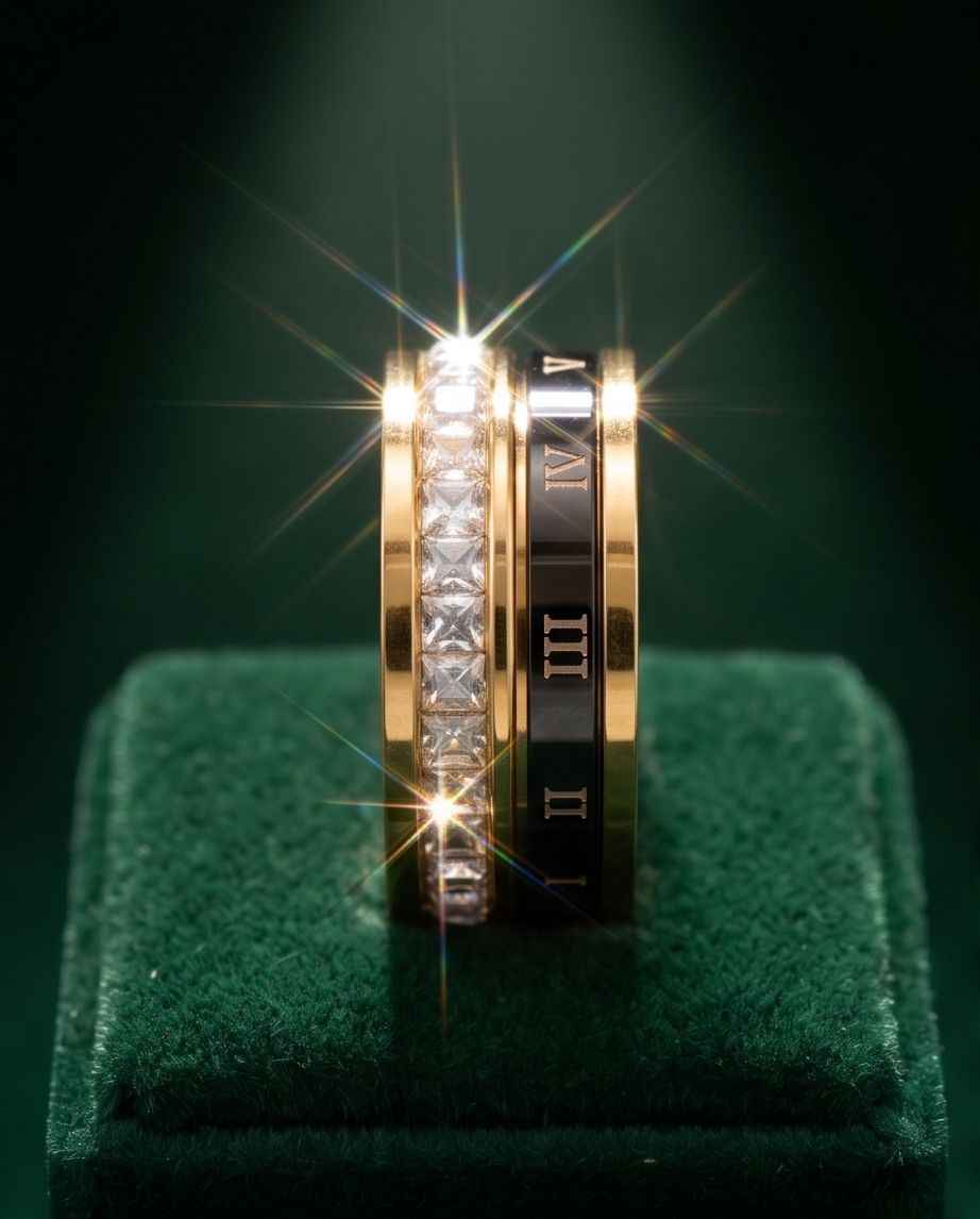 Gold-tone trinity ring with gemstone rows and Roman numeral inlay