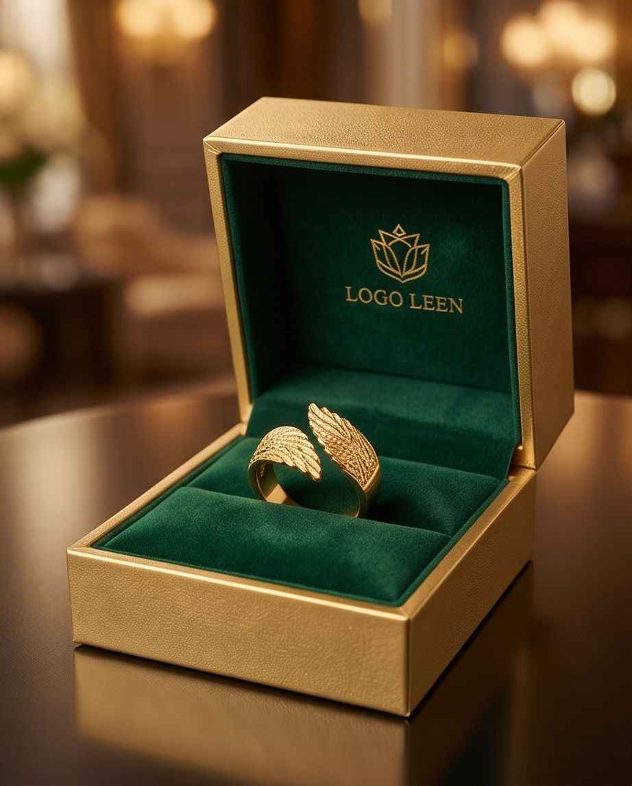 Gold angel wings ring resting on green velvet inside a gift box