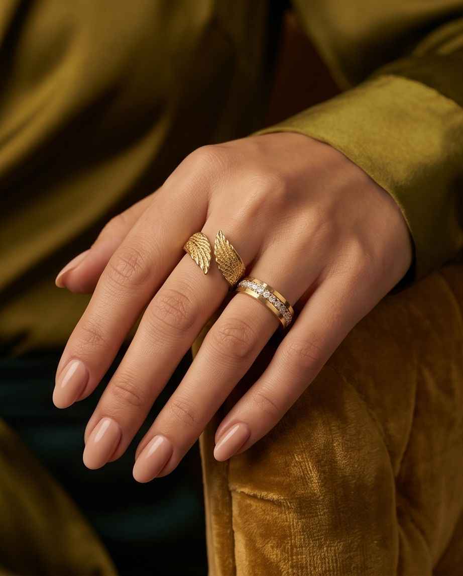 Gold angel wings ring worn on hand with small engraved wing motif