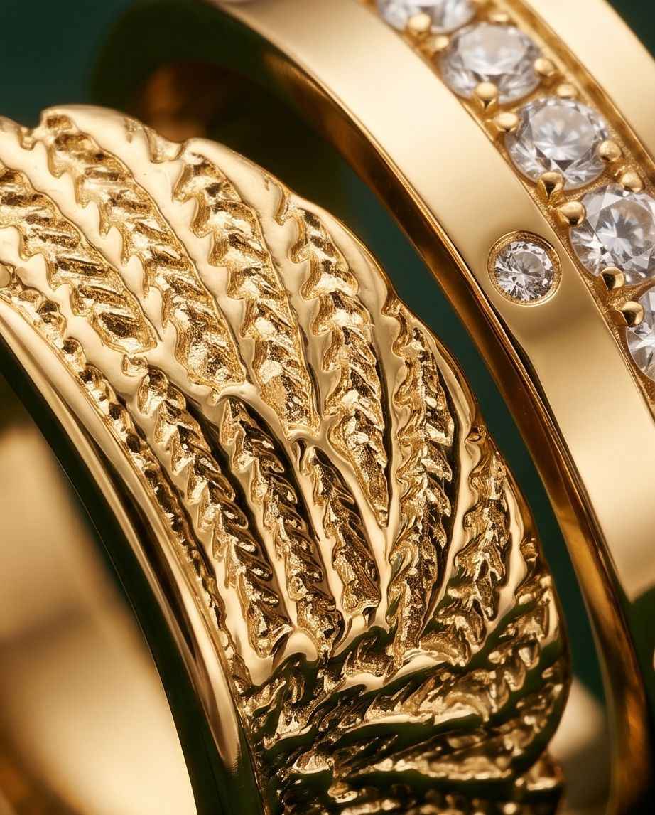 Gold angel wings ring close-up showing textured engraved wing pattern