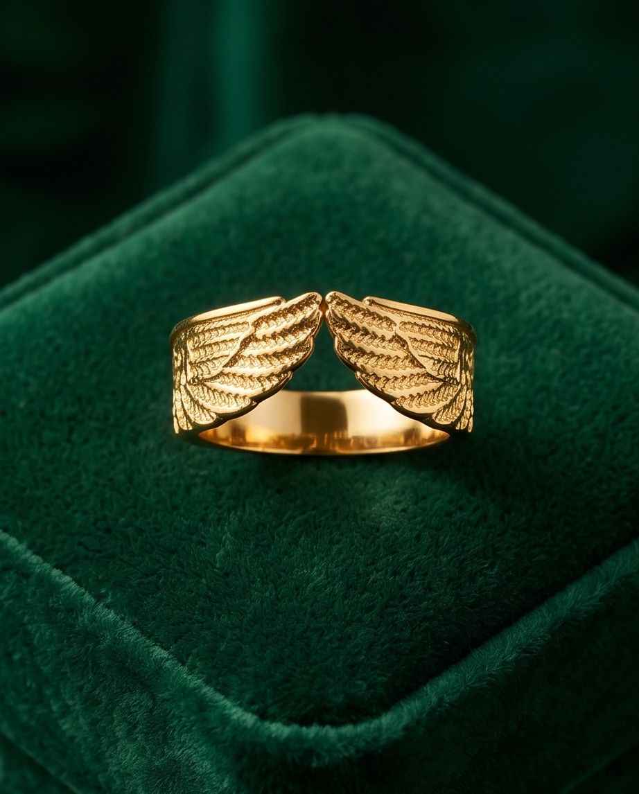 Gold angel wings ring with open top and engraved wing details