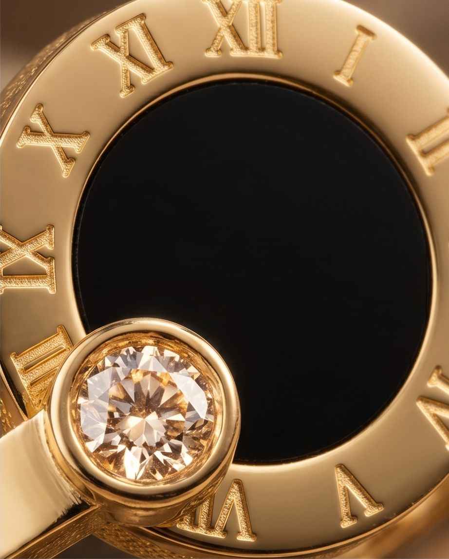 Close-up gold ring face with black circular panel, Roman numerals, and clear bezel stone