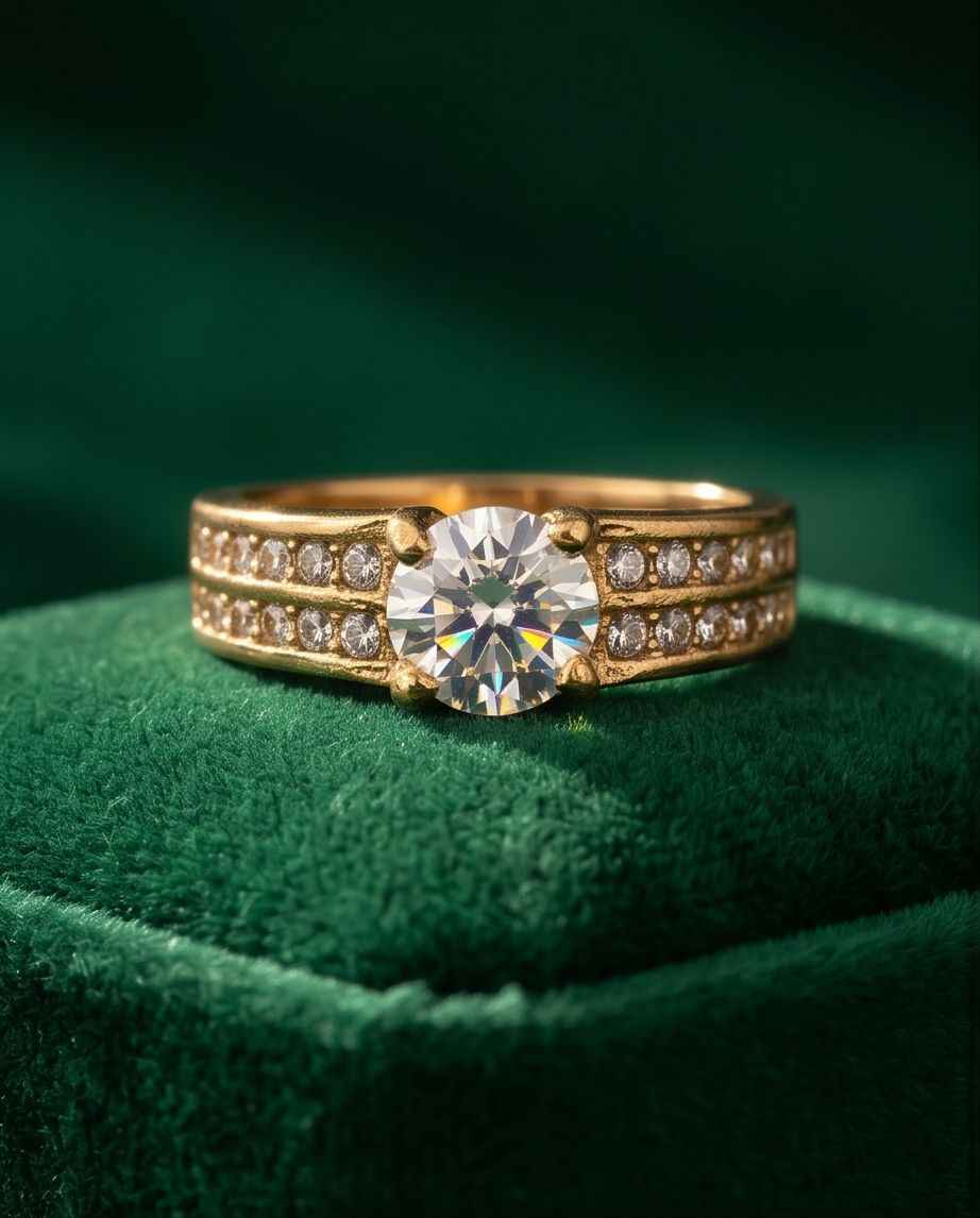 Gold solitaire ring with pavé accents and large round center stone