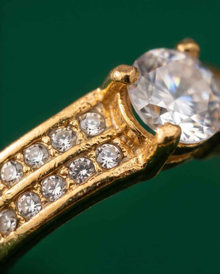 Close-up of gold pavé band and large round solitaire center stone
