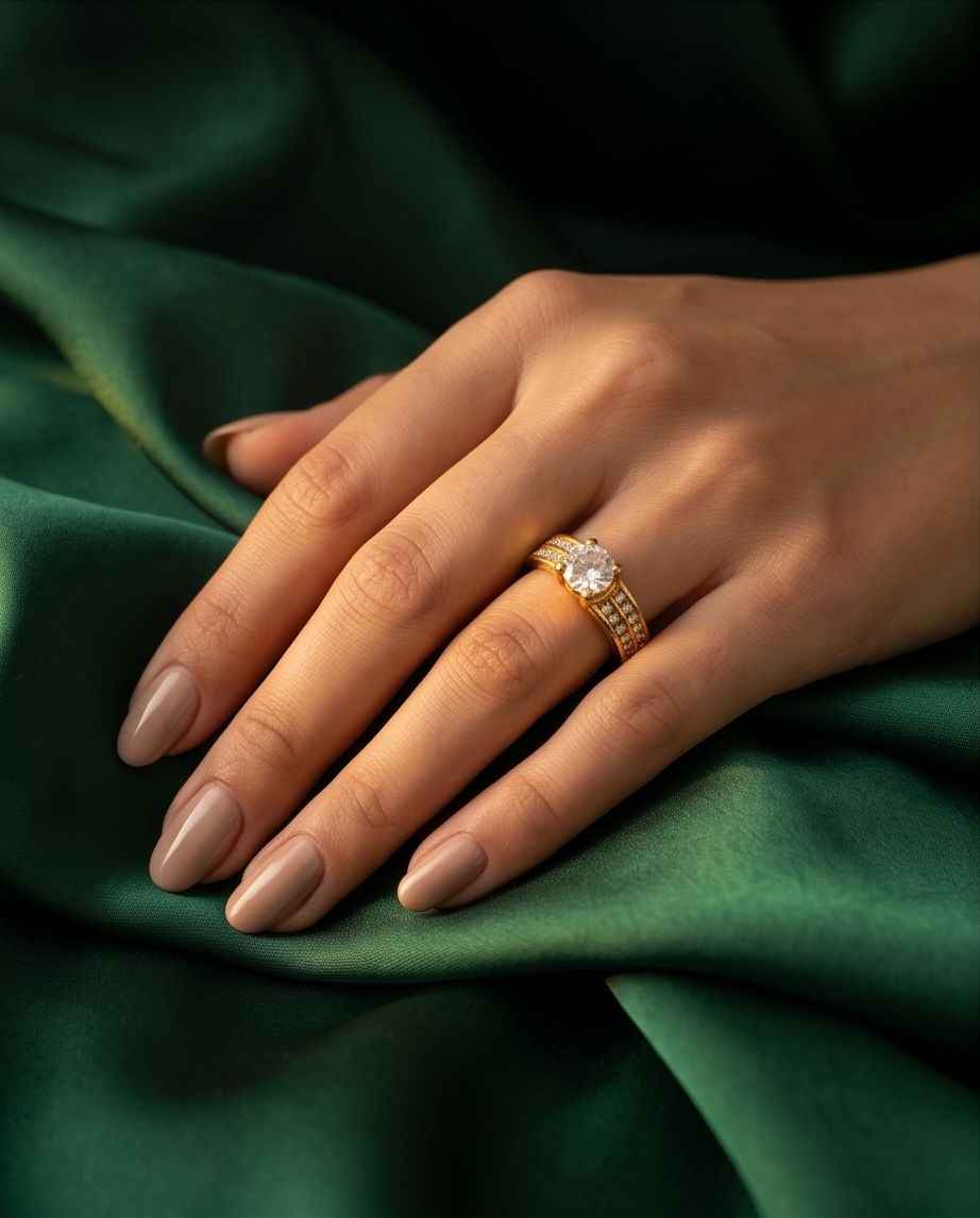 Gold solitaire ring with pavé band on hand, round center stone