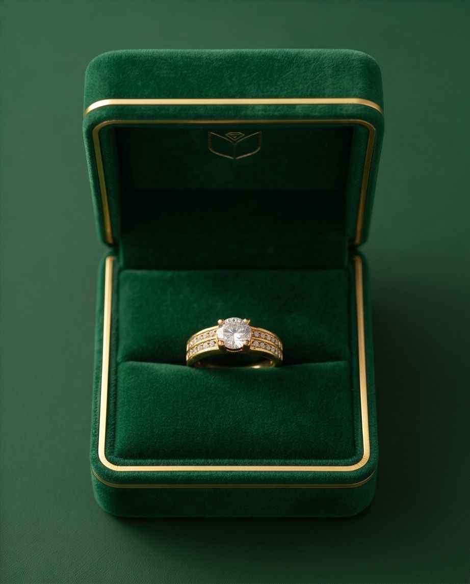 Gold solitaire ring with pavé band in open jewelry box