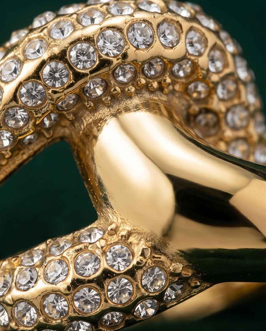 Close-up of gold-tone pavé crossover ring with clear stone details
