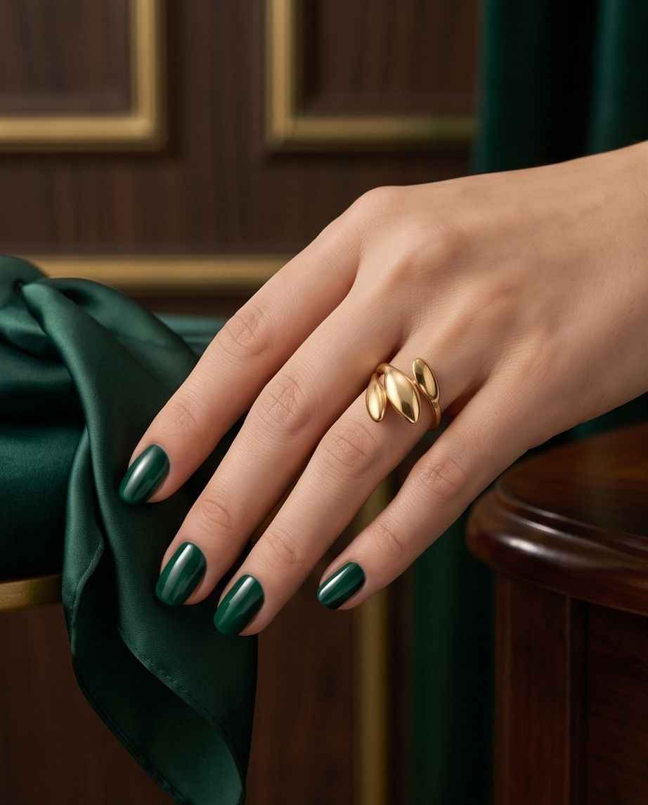 Aurelia triple-form gold ring on hand with three polished oval bands