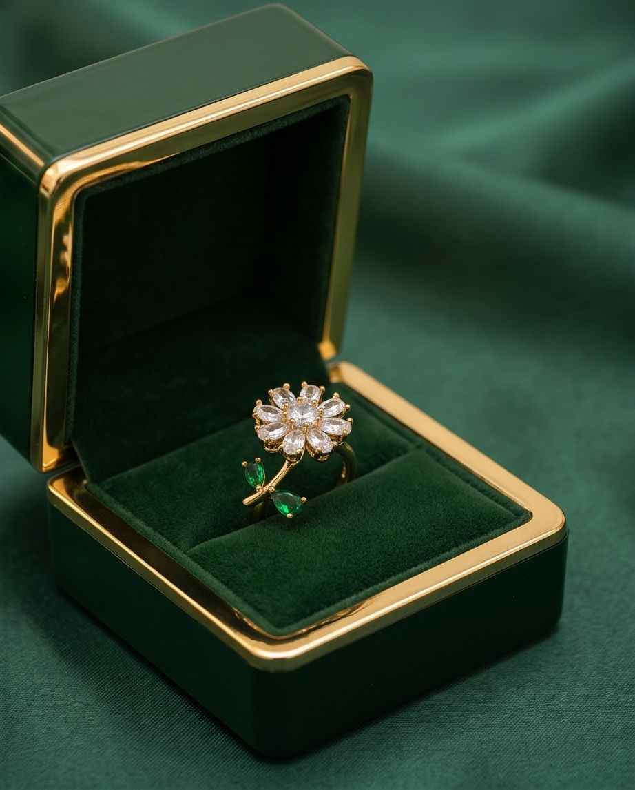 Gold bloom ring in a box; clear flower cluster with green leaf stones