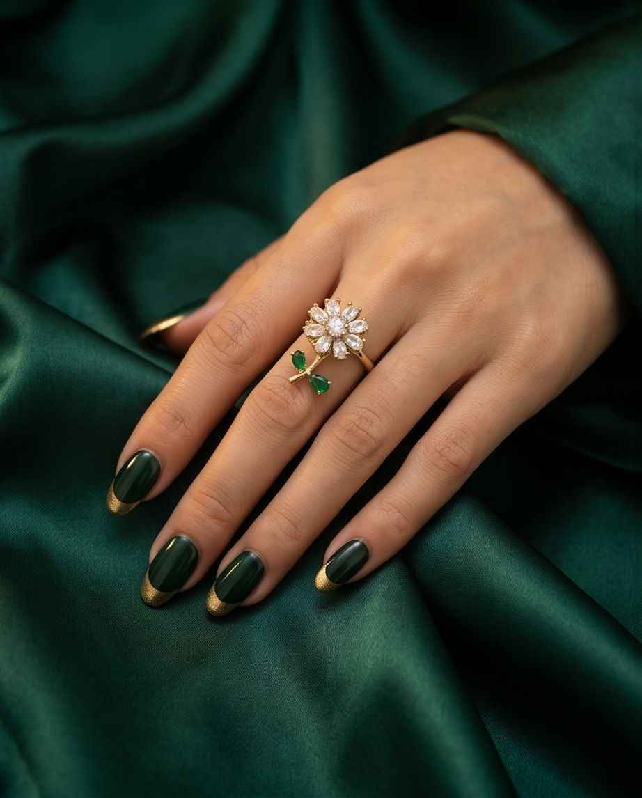 Gold bloom ring on hand with clear flower center and green leaf stones