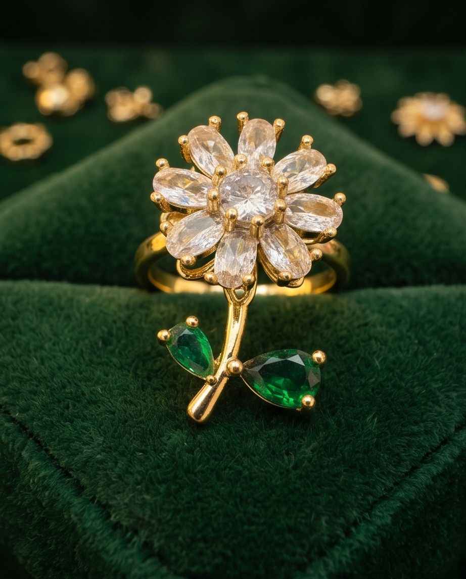 Gold bloom ring with clear flower stones and green leaf accents