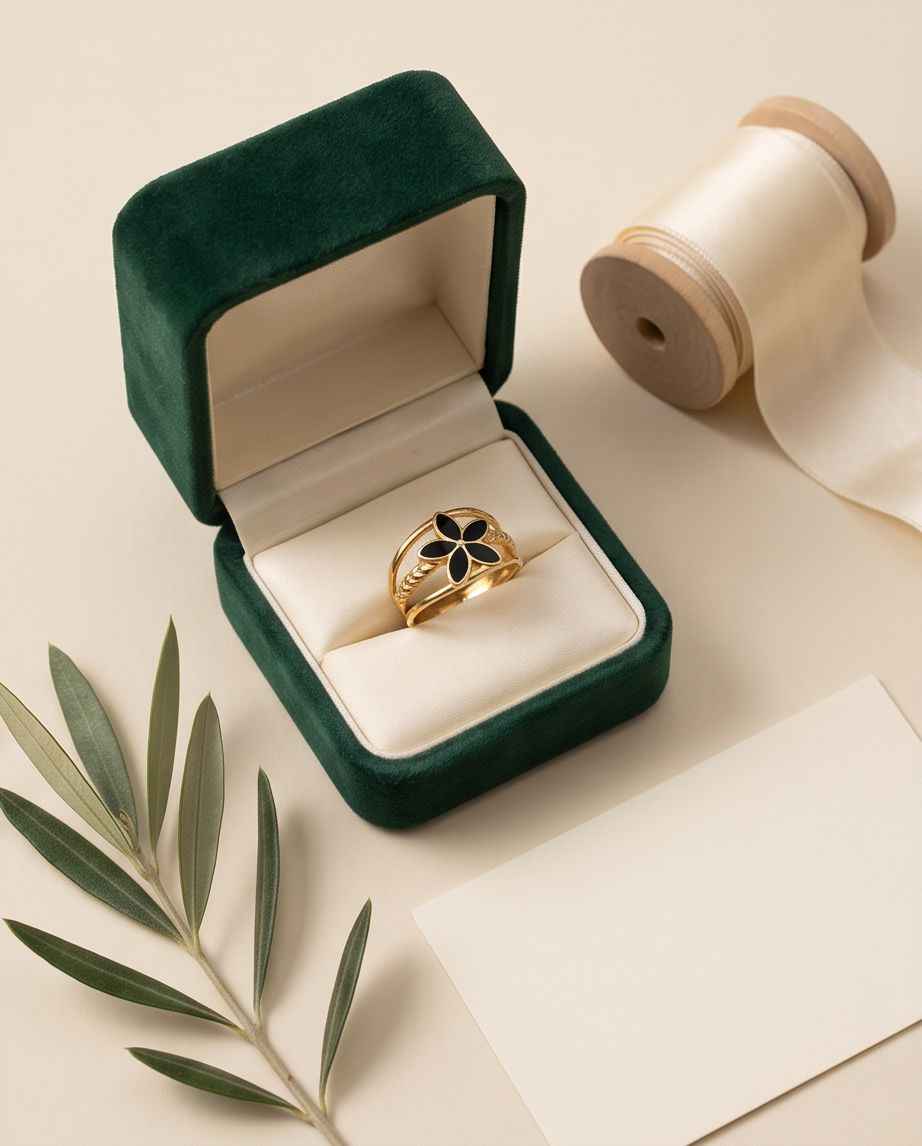 Gold open fleur ring with five black enamel petals on a slender band