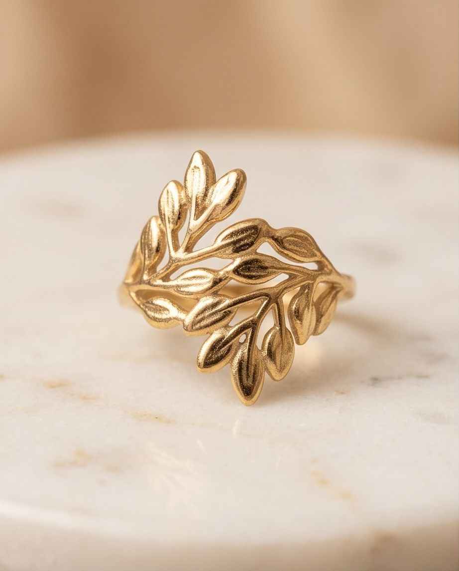 Leaf statement ring with gold-tone filigree leaf design