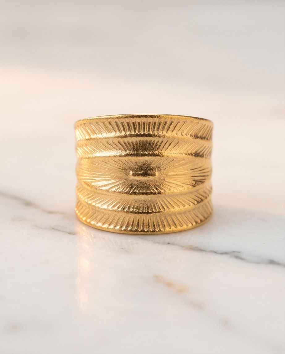 Gold textured statement ring with embossed sunburst and leaf-like grooves