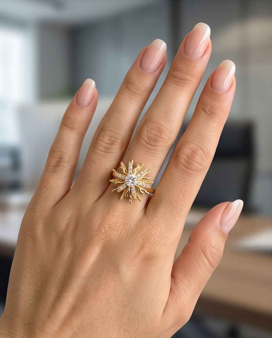 Gold starburst statement ring with clear stones on finger, slim band design